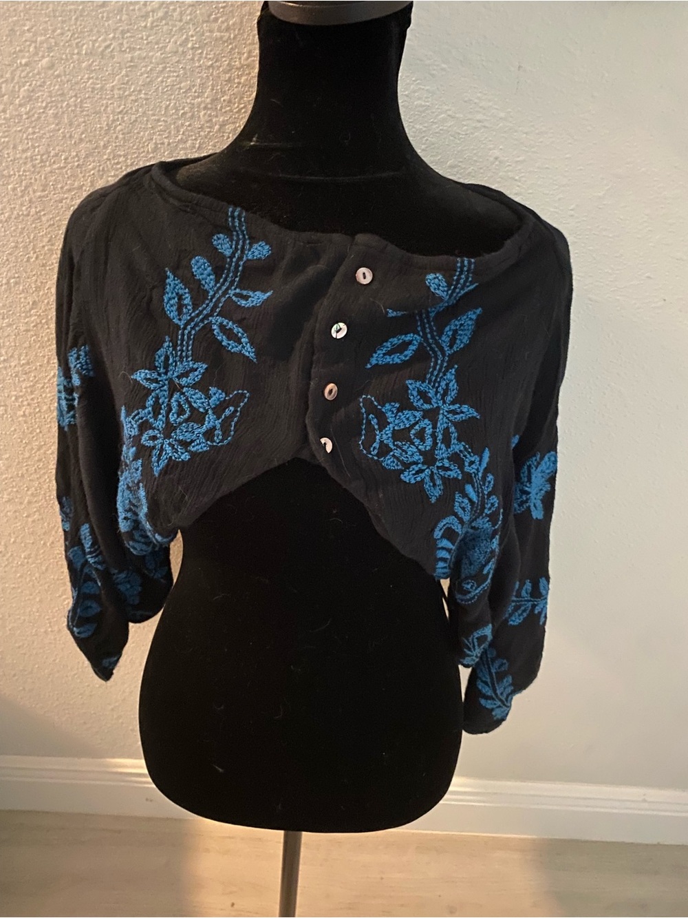 Free People Black Crop Top with Blue Floral Embroidery
